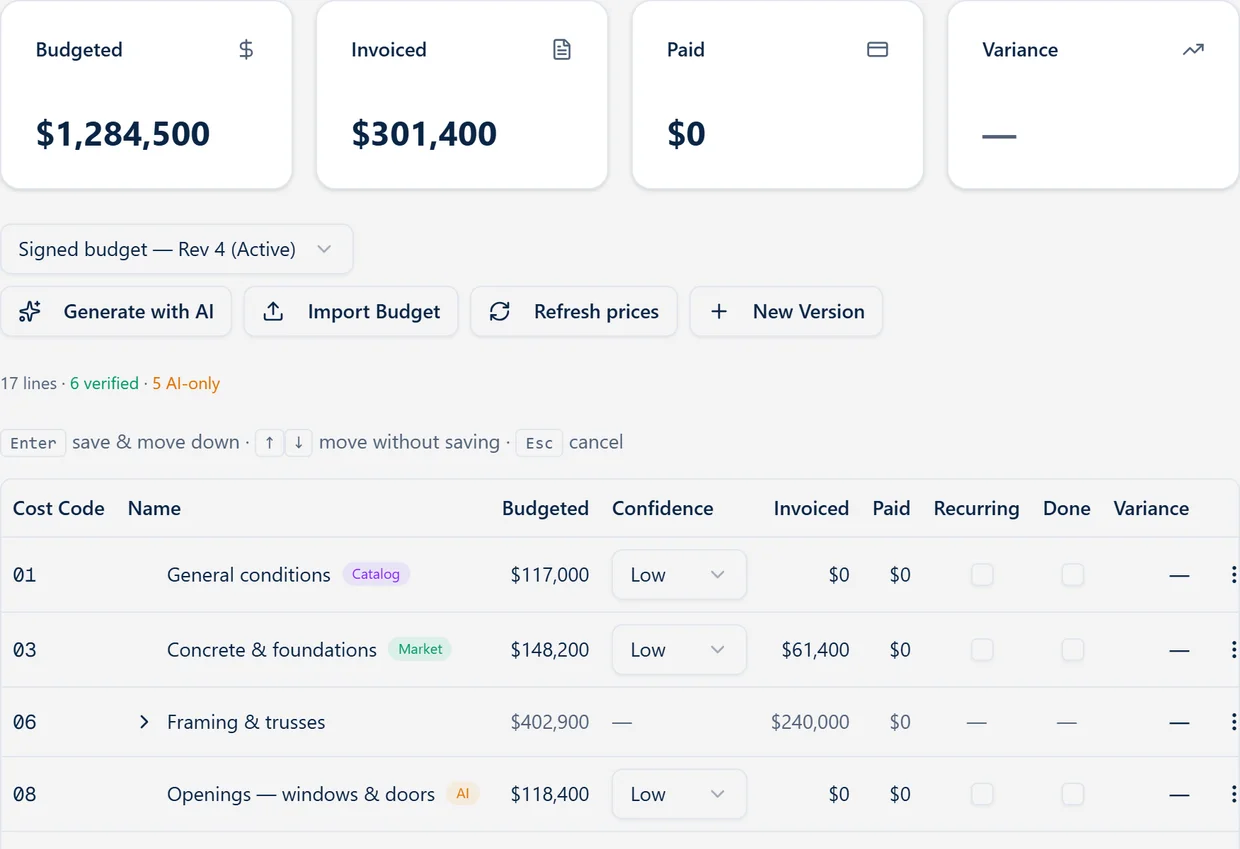 VantageBid budget tab — cost-coded estimate lines with budgeted and invoiced columns, totaling $1,284,500