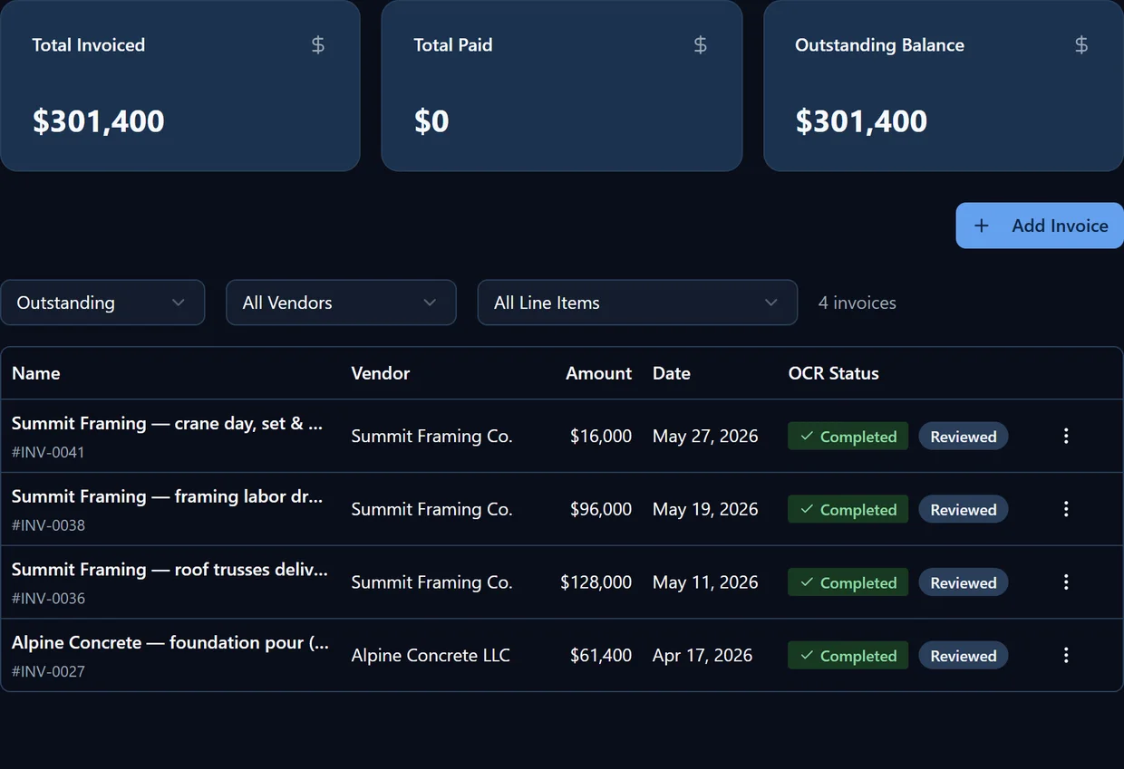 VantageBid invoices tab — vendor bills with amounts, dates, and completed OCR status