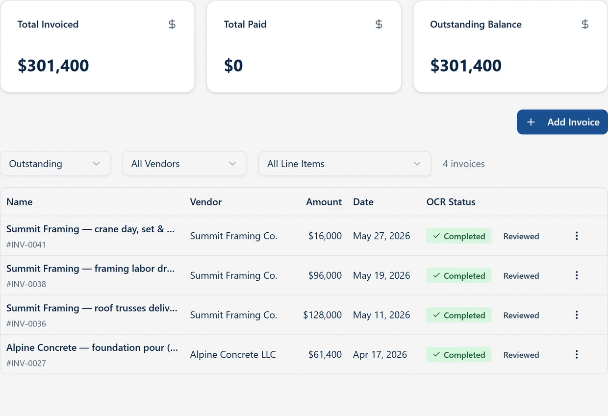VantageBid invoices tab — vendor bills with amounts, dates, and completed OCR status