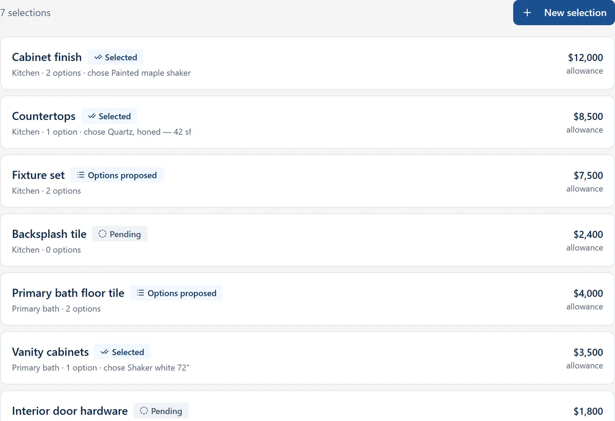 VantageBid selections tab — kitchen and bath selections with statuses and allowances